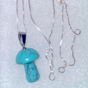 Boho turquoise Mushroom long Sterling Silver Necklace 30”